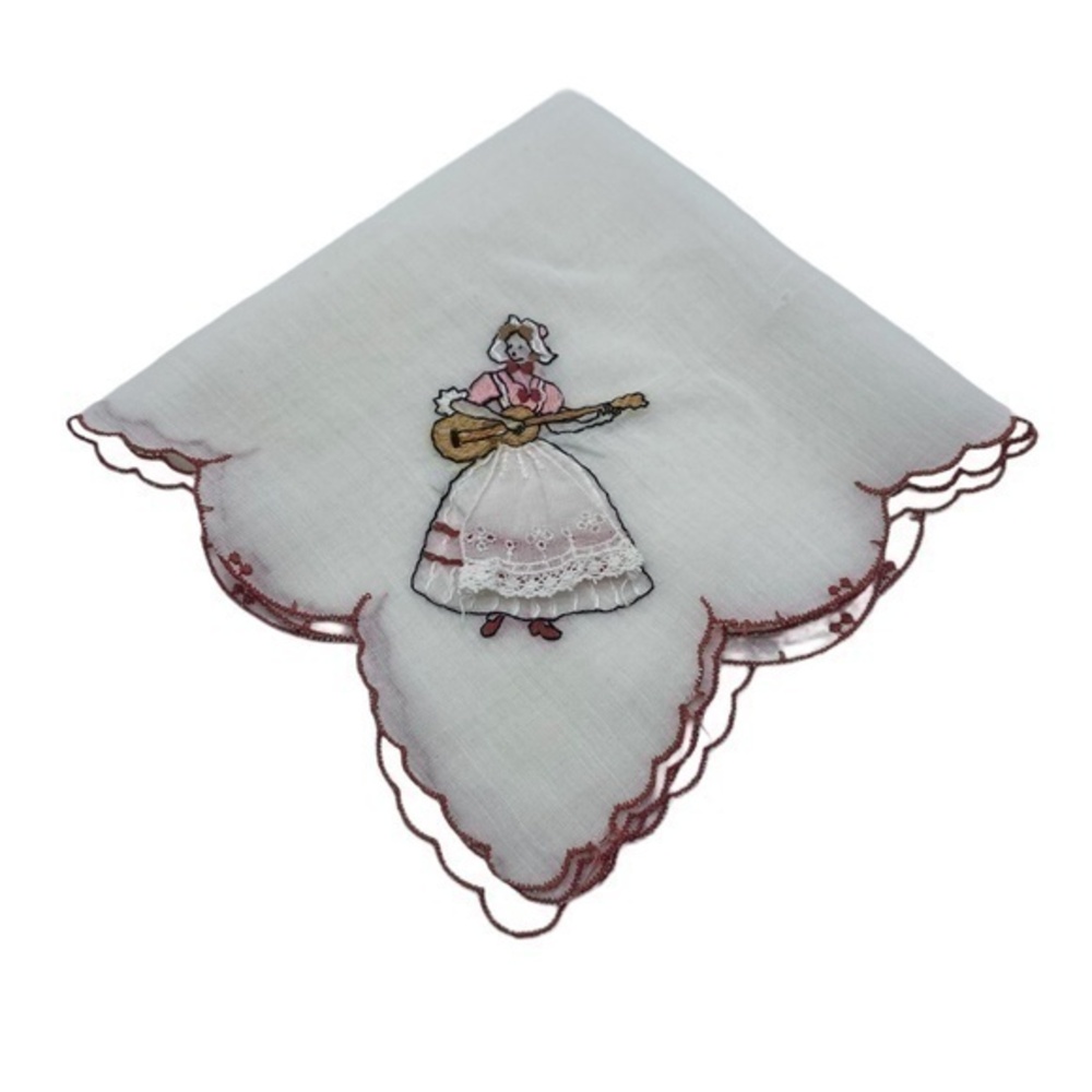 Vintage Handkerchief Hankie Embroidered Women Playing Guitar 11in x 11in